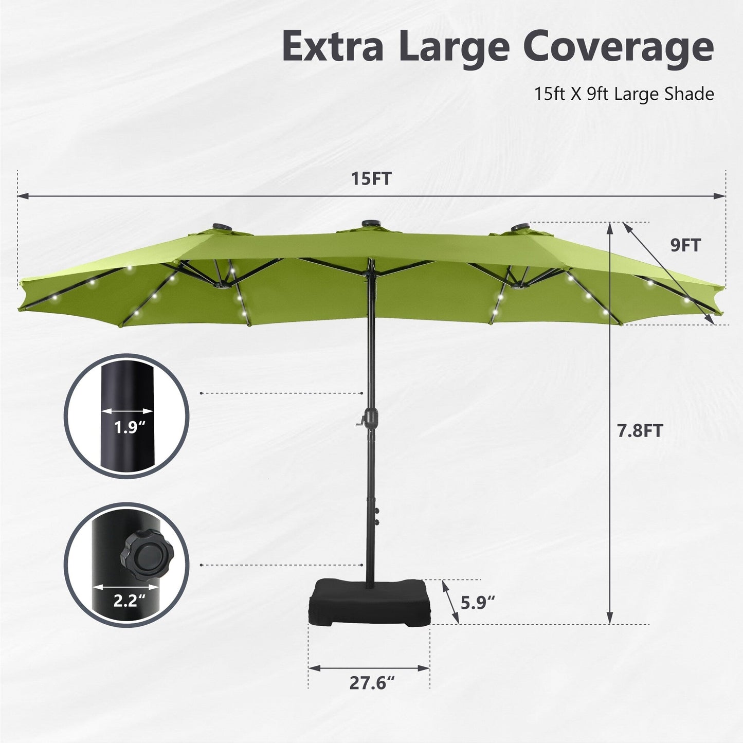 MAISON ARTS 15-foot Rectangular Crank Double-sided Outdoor Market Umbrella Solar LED Lighted Patio Umbrella with Base Included