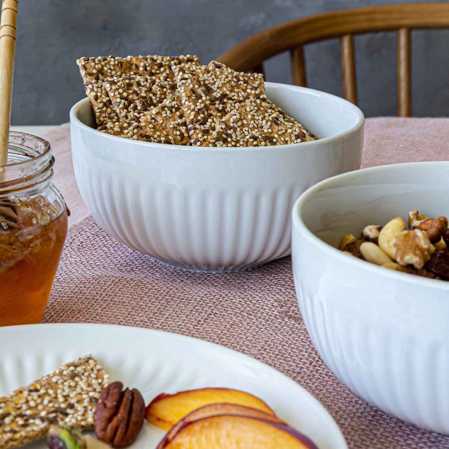 Over and Back White Porcelain 24pc Fluted Dinnerware Set