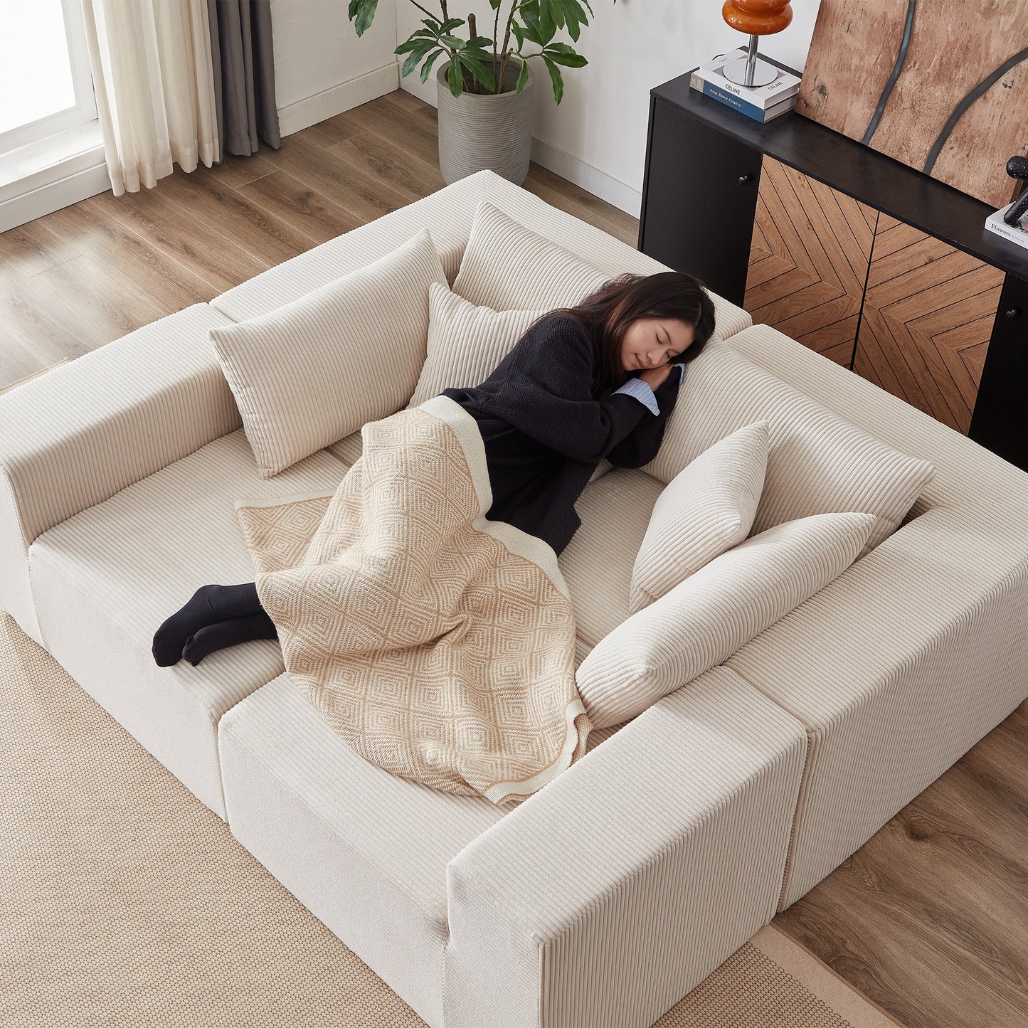 104-Inch Corduroy Modular L Shaped Sectional Sofa,Floor Couch Set,Foam-Filled Compressed Sofa,4 PC Free Combination