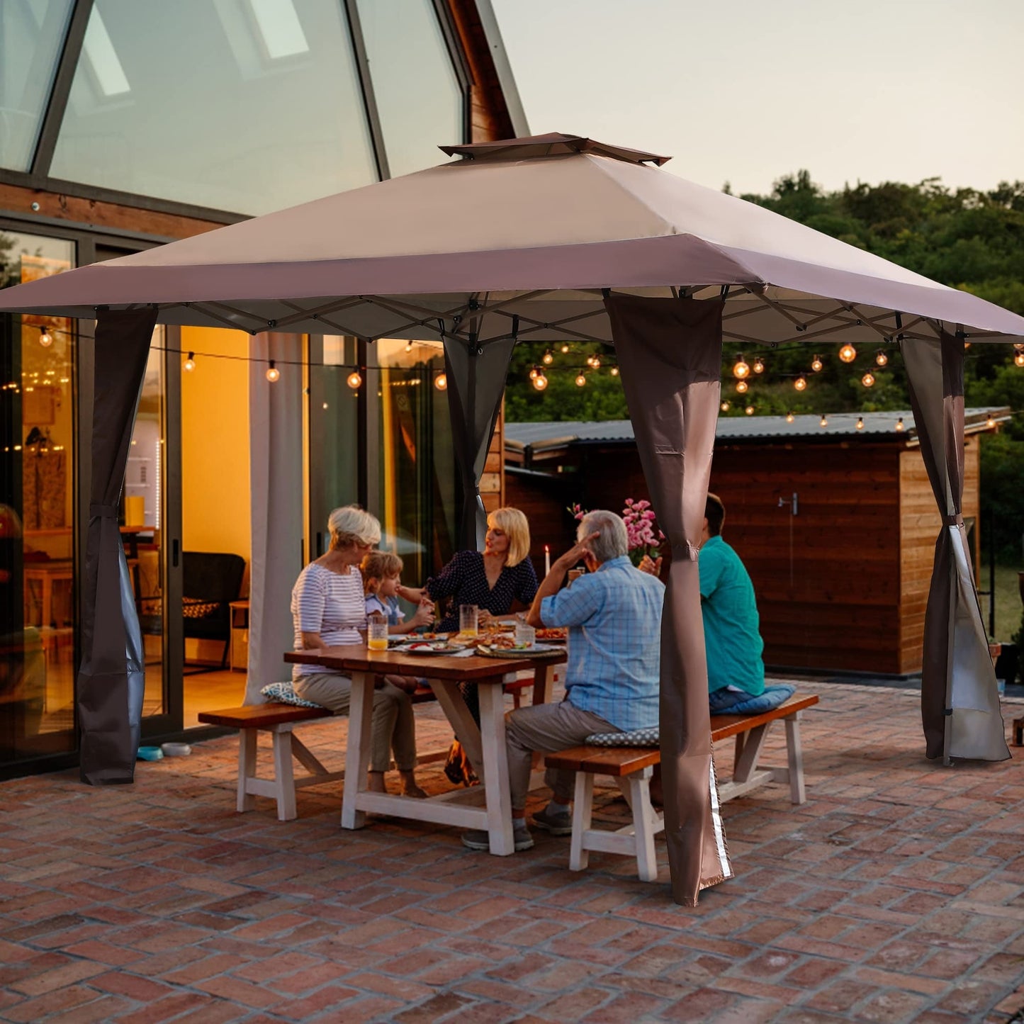 13' x 13' Outdoor Canopy Patio Gazebo Reinforced garden Pop-up Canopy Tentwith Elegant Corner Curtain - 13x13ft