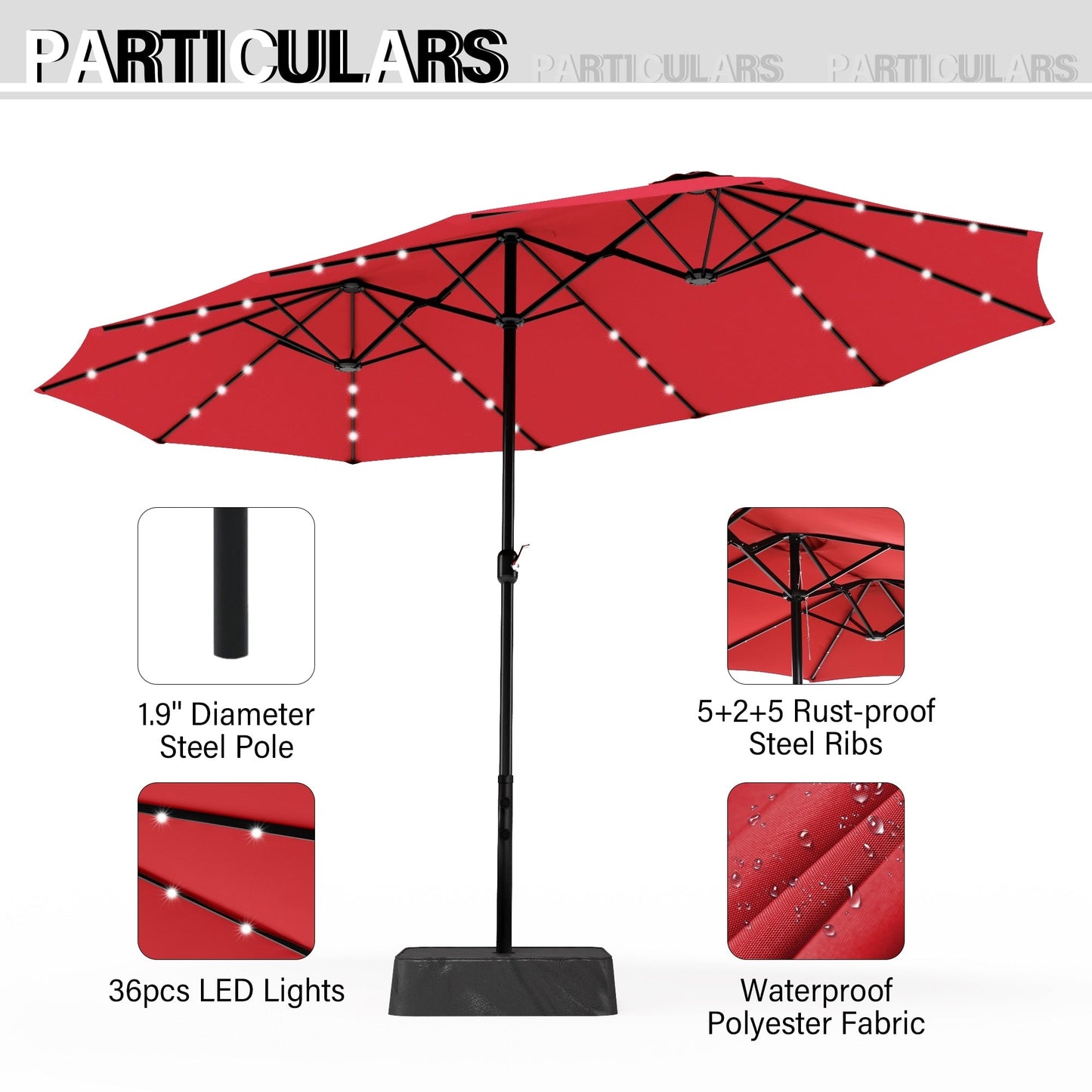 MAISON ARTS 15-foot Rectangular Crank Double-sided Outdoor Market Umbrella Solar LED Lighted Patio Umbrella with Base Included