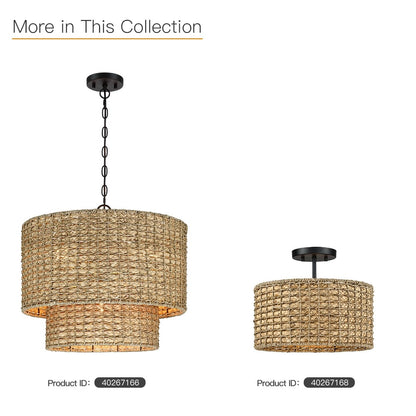 4-Light Natural Rattan Traditional Drum Pendant Light Black Canopy - Black/earthy - 20 in. W