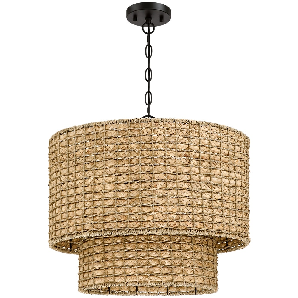 4-Light Natural Rattan Traditional Drum Pendant Light Black Canopy - Black/earthy - 20 in. W