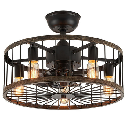 20 in. Low Profile Ceiling Fan Light Modern Farmhouse Wood Finish Caged Ceiling Fan with Light and Remote