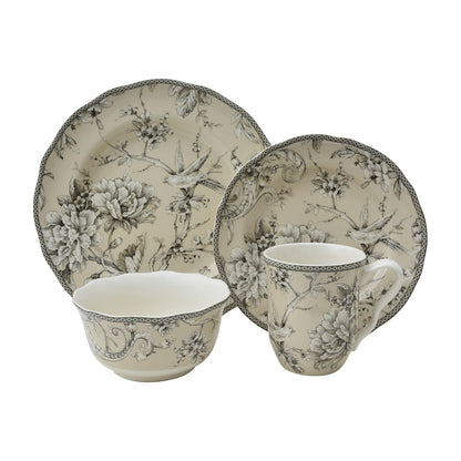 222 Fifth Adelaide 16-Piece Porcelain Dinnerware Set with Round Plates, Bowls, and Mugs, Antique White