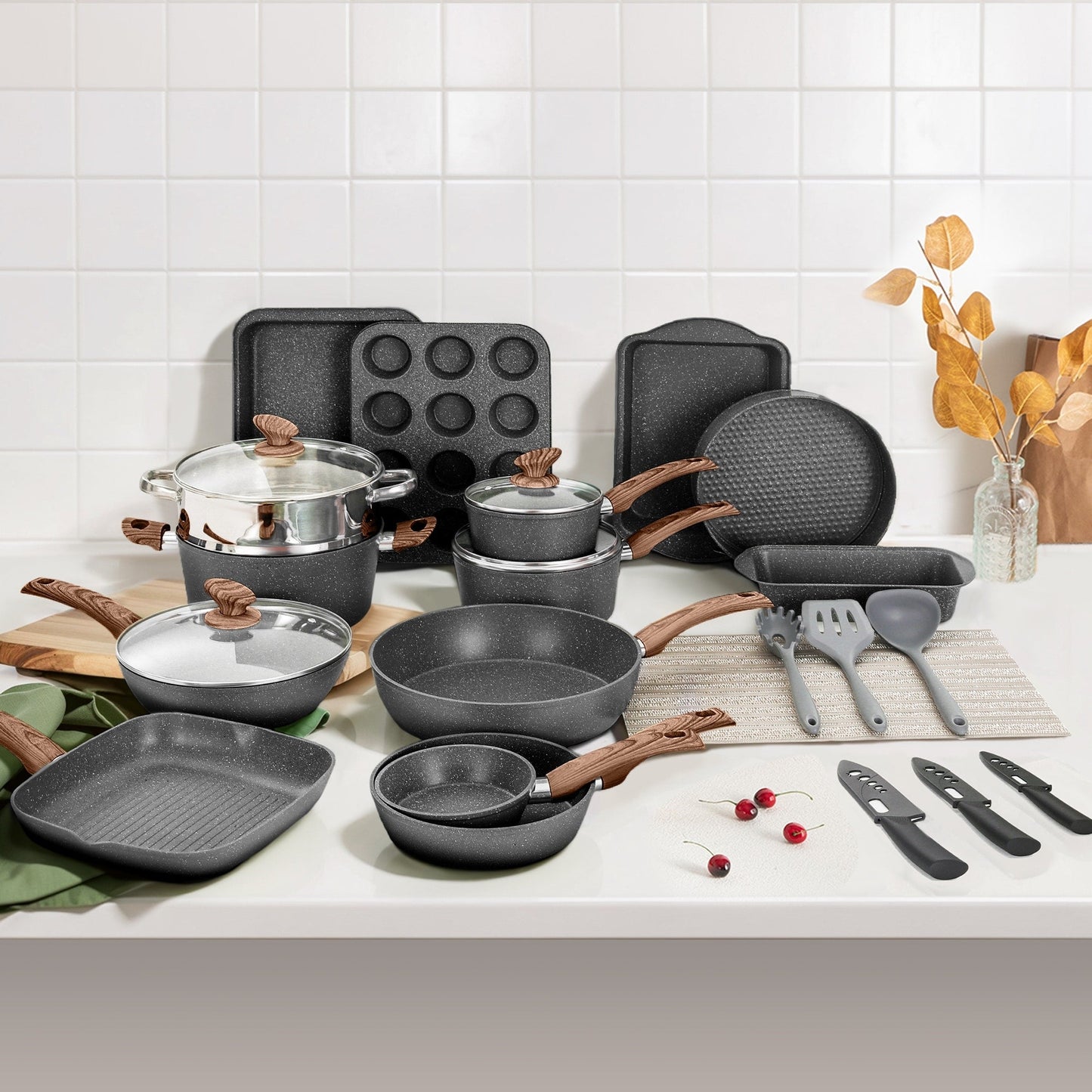 30-Piece Kitchen Granite Cookware and Bakeware Set, Cooking Pans Set Non-Stick Pots and Pans Set