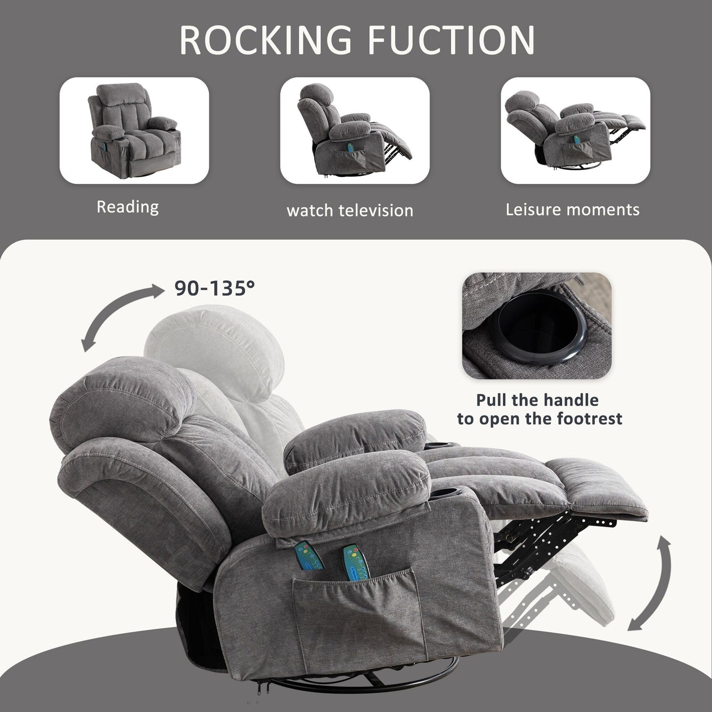 360° Swivel Recliner Chair with Massage, Heat, USB, and Cup Holders
