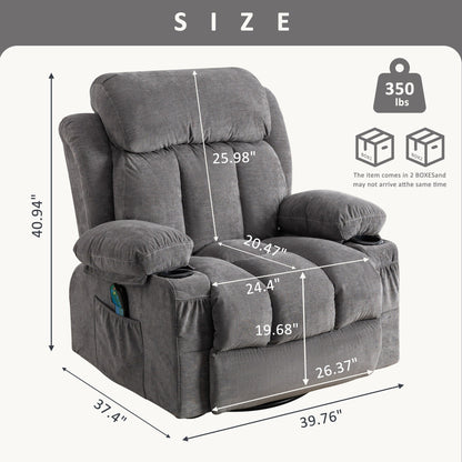 360° Swivel Recliner Chair with Massage, Heat, USB, and Cup Holders