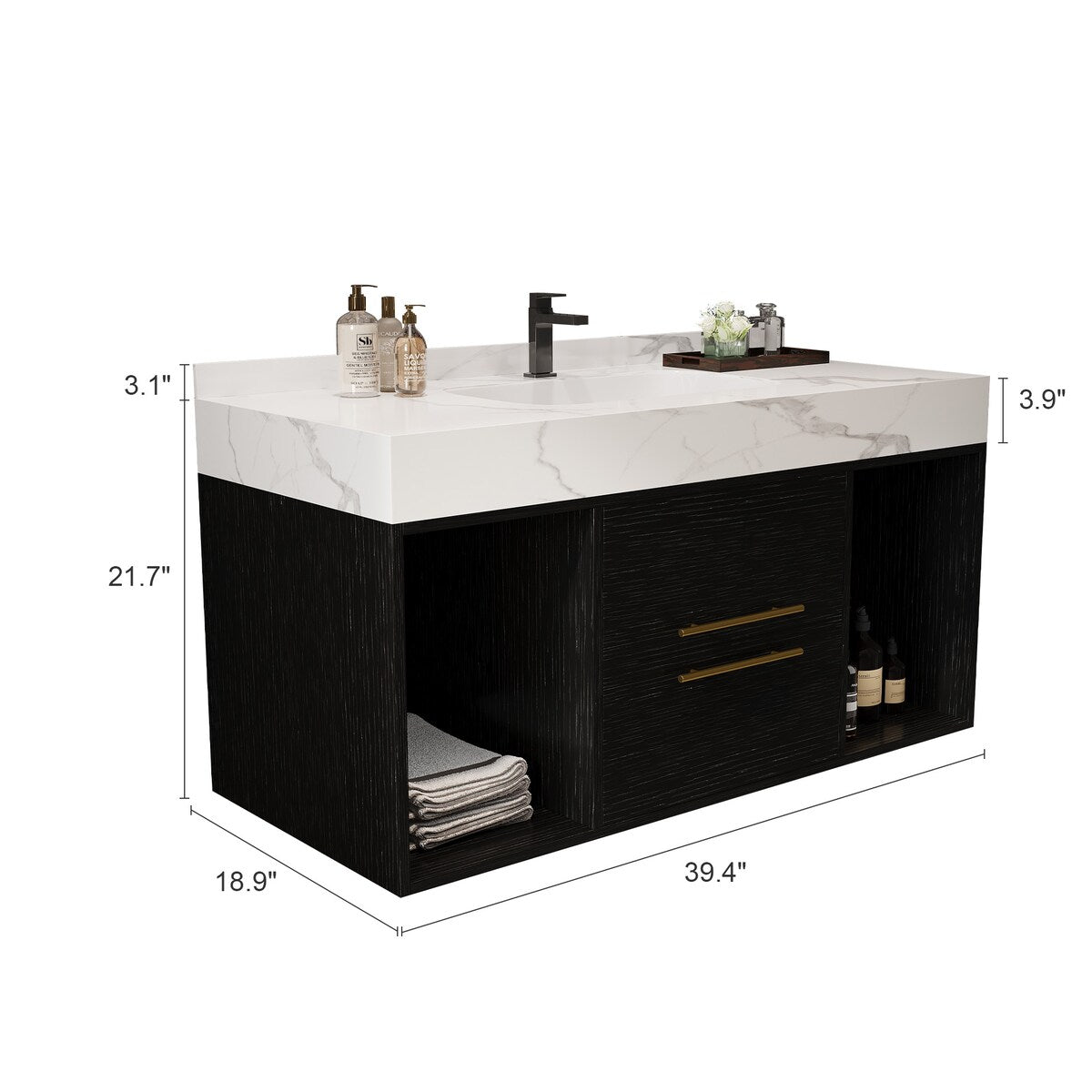 39.4 '' Floating Bathroom Vanity with Ceramic sink,Wall Hung Vanity 2 Soft Close Drawer and white slate top - 39'4 x 18'9