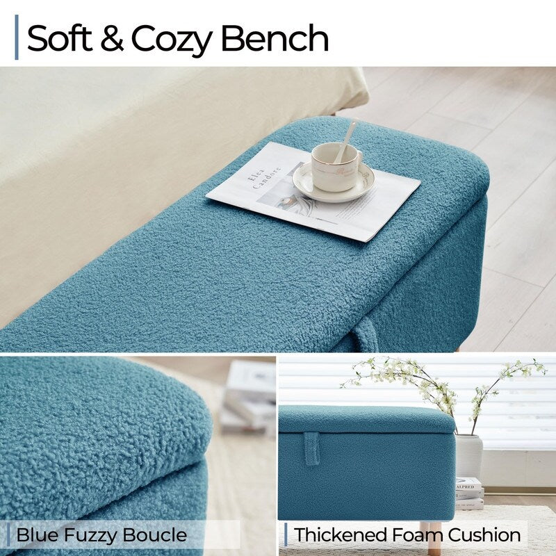 39.5 Off White Boucle Storage Ottoman Bench Sherpa Storage Bench Ottoman Foot Rest End of Bed for Living Room Bedroom,Wood Leg