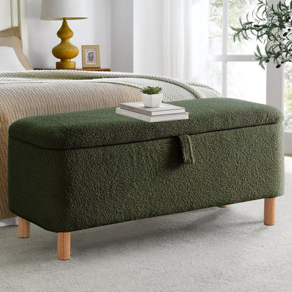 39.5 Off White Boucle Storage Ottoman Bench Sherpa Storage Bench Ottoman Foot Rest End of Bed for Living Room Bedroom,Wood Leg