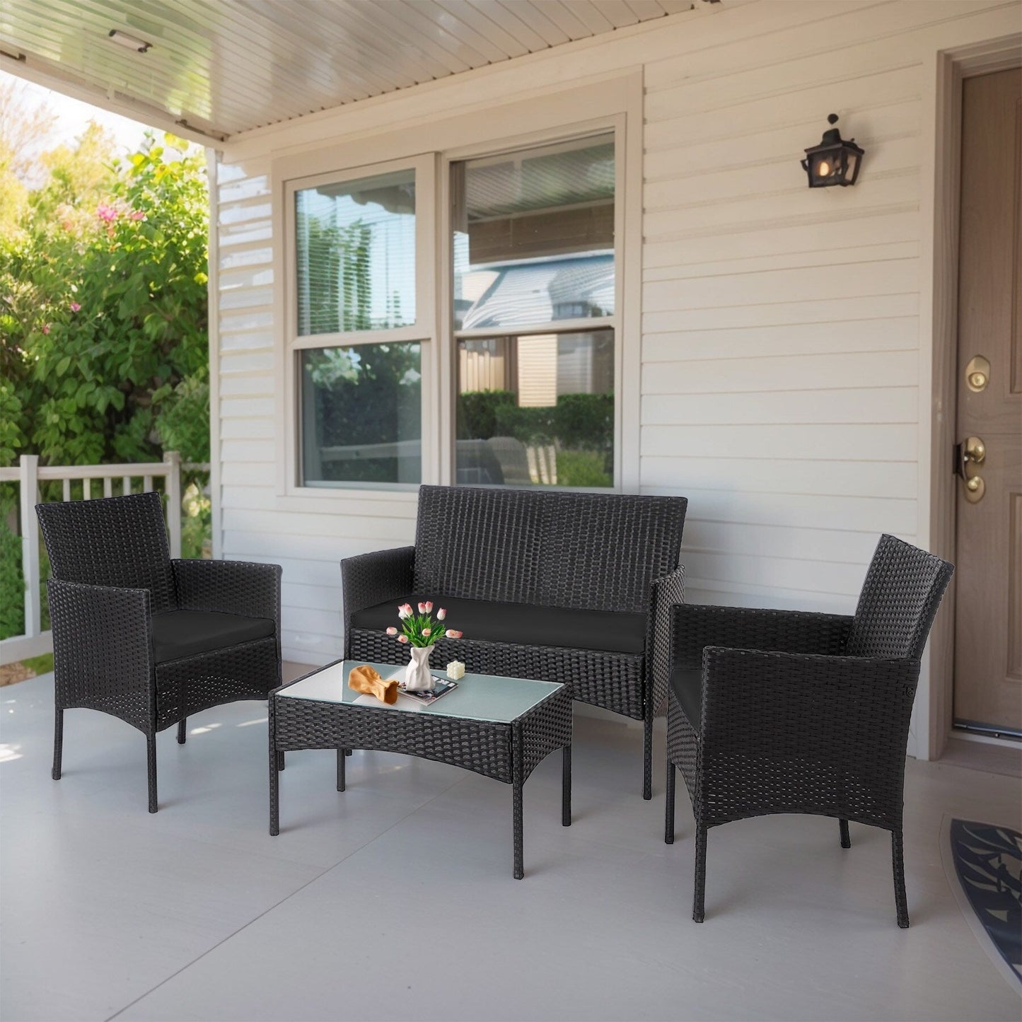 4 Piece Patio Conversation Wicker Furniture Set, Outdoor Rattan Sectional Furniture Set With Cushions