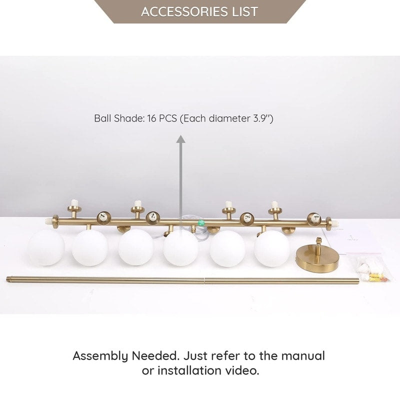 40 in. Linear Mid Century Modern Chandelier 16-Light Gold Brass Sputnik Pendant Light with Frosted Glass Globe for Dining Room