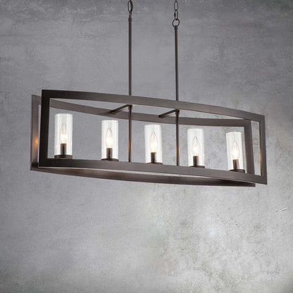 5-Light Mid-Century Modern Industrial Linear Kitchen Island Pendant Vintage Rectangle Glass Chandelier