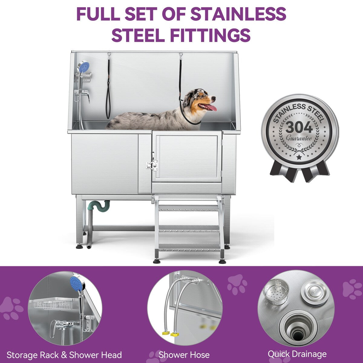 50'' W Stainless Steel Adjustable Pet Grooming Tub with Steps Ramp