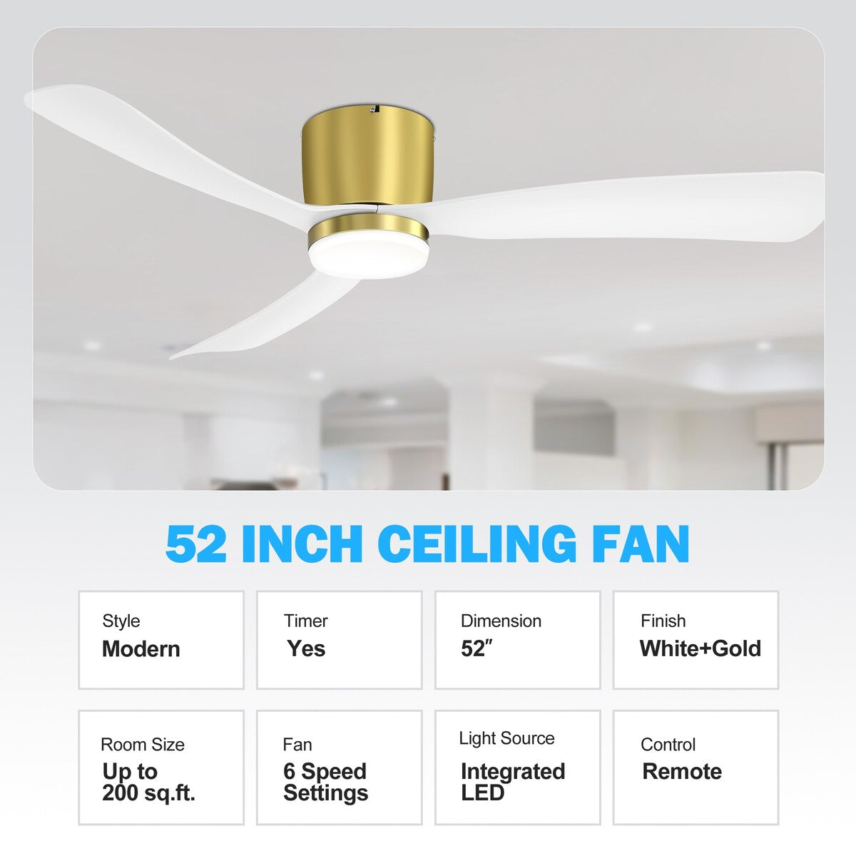 52 Inch Black/White Flush Mount LED Ceiling Fan with Lights Remote(3-Blade)