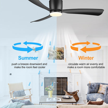 52 Inch Black/White Flush Mount LED Ceiling Fan with Lights Remote(3-Blade)