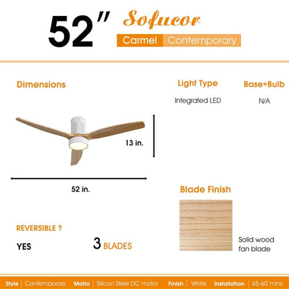 52 Inch Farmhouse Style Flush Mount Ceiling Fan with Light and Remote Control, Reversible DC Motor