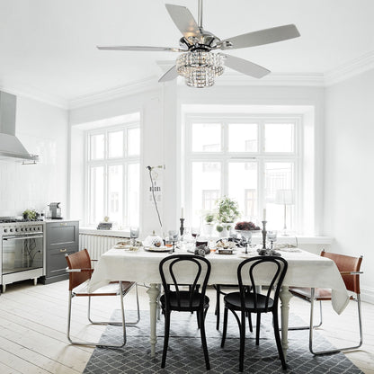 52-inch Chrome Wooden 5-blade Modern Crystal Ceiling Fan with Remote