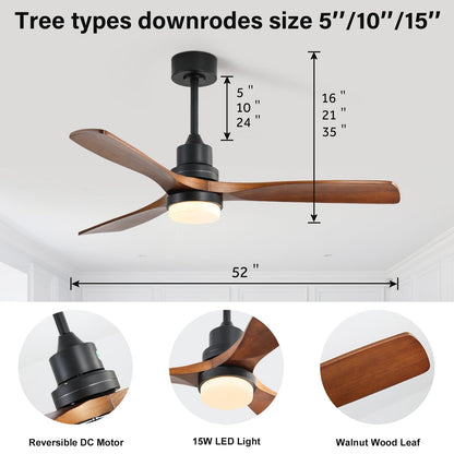 Sofucor 52 Indoor Wood Ceiling Fan Light with Remote, Integrated Light Optional