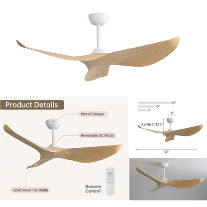 52 inch Modern Solid Wood / ABS Ceiling Fan With Remote Control(No Light),6 WInd Speed,Reversible Airflow