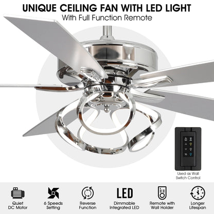52 Modern Chrome/ Black Indoor Dimmable LED Ceiling Fan with Light and Remote