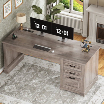 Farmhouse Executive Desk Home Office Desk File Drawer Monitor Stand Power Outlet