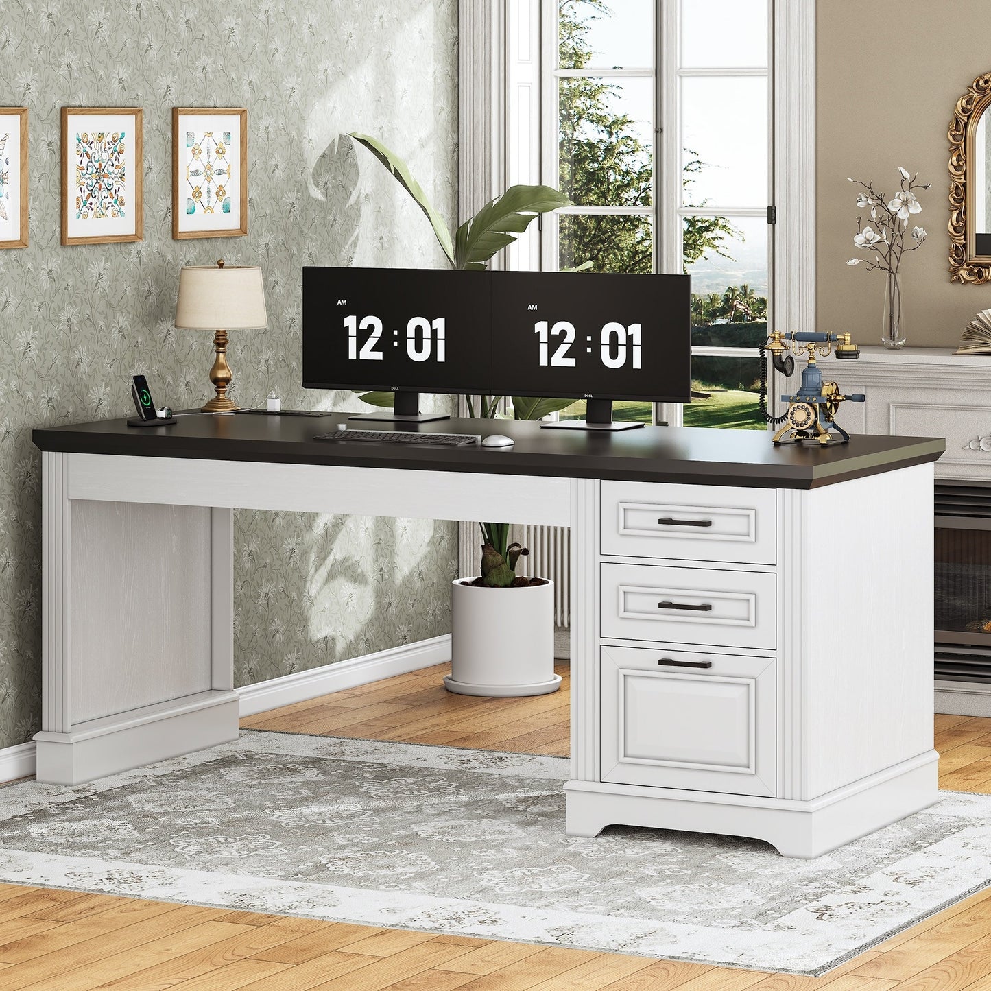 Farmhouse Executive Desk Home Office Desk File Drawer Monitor Stand Power Outlet