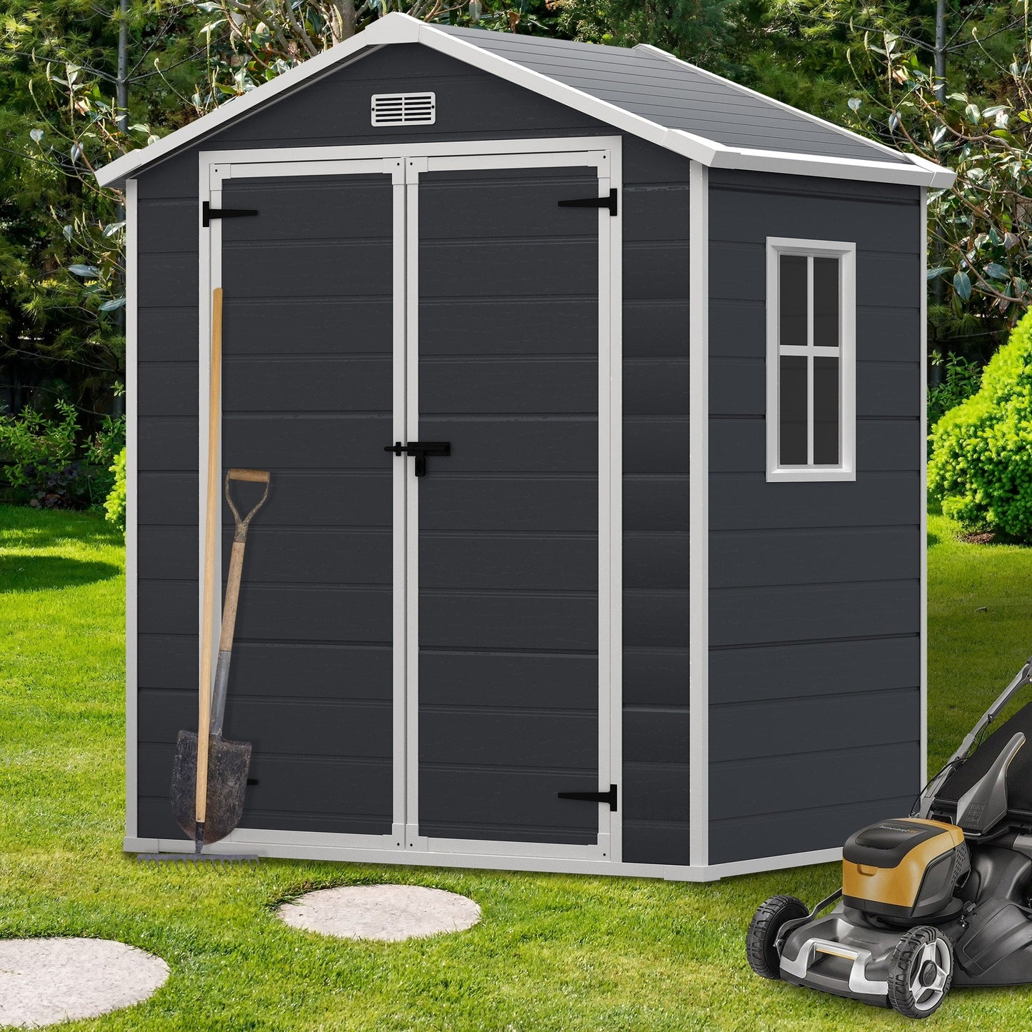 6 ft x 4 ft/6 ft x 8 ft/8 ft x 6 ft/8 ft x 10 ft All-Weather Resin Outdoor Plastic Storage Shed w/Floor, Spire Tool Shed