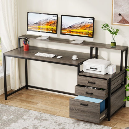 63 Computer Desk with Monitor Stand, Ergonomic Home Office Desks with Drawers File Cabinet