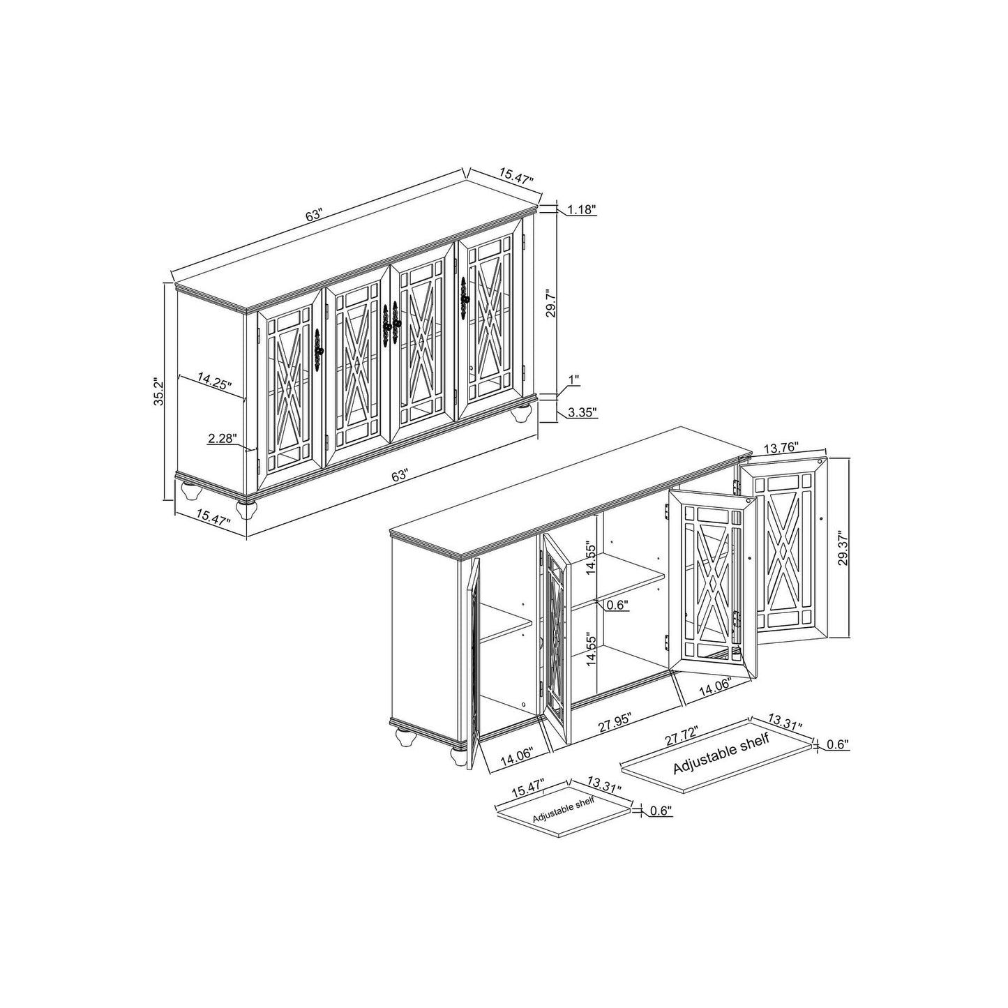 63 Vintage Style Wood Kitchen Accent Buffet Sideboard Cabinet - 63 in Width