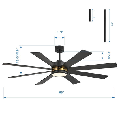 65 Inch 8-Blade Black LED Ceiling Fan with Light and Remote