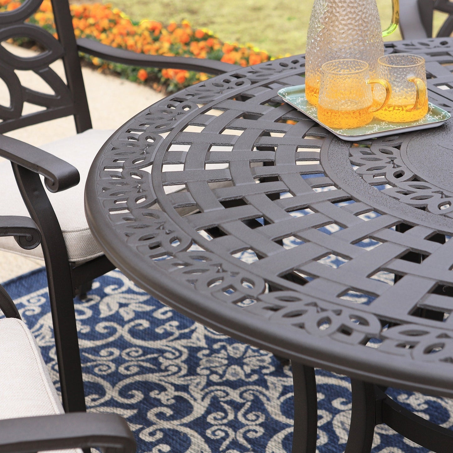 MAISON ARTS Cast Aluminum Dining Chairs/Patio Dining Set with Round Dining Table & 6 Cast Aluminum Patio Chairs