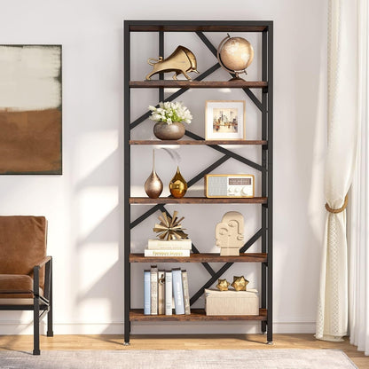 71 Industrial Bookshelf, 6 Tier Rustic Brown Wood Etagere Bookcase, Open Book Shelves