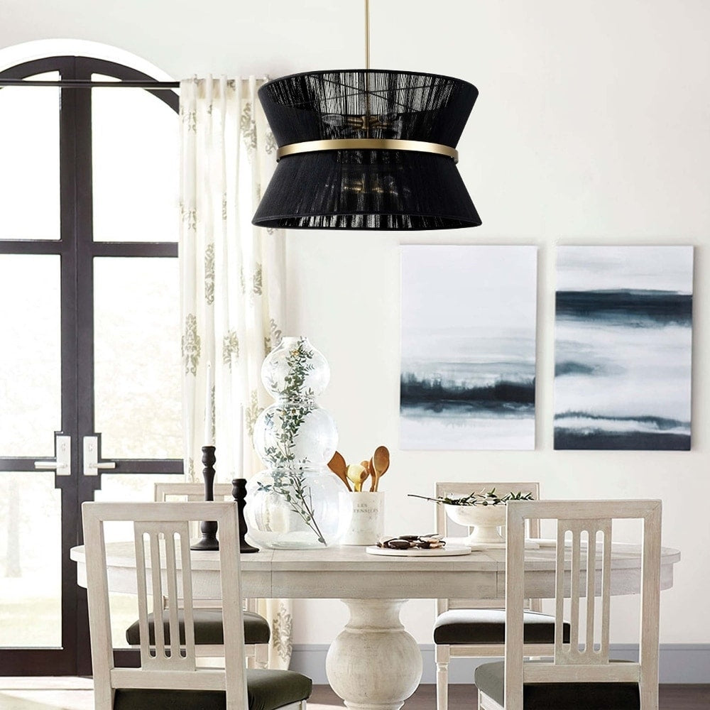 8-Light Modern Boho Large Drum Chandelier 24 inch Fabric Hourglass Hand-woven Chandelier in Gold/ Black for Dining/ Living Room