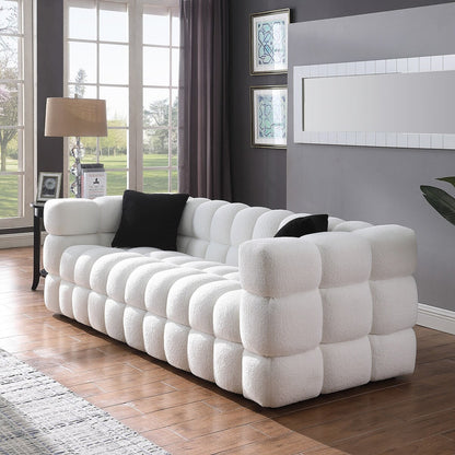 84.3 Luxurious Large Boucle Sofa 3 Seater Marshmallow Upholstered Sofa with 2pc Square Accent Pillows and Square Arm