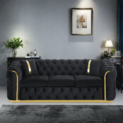 90.6 Velvet 3-Seater Sofa with 2 Pillows High-Density Cushions, Gold Accents, and Pillows