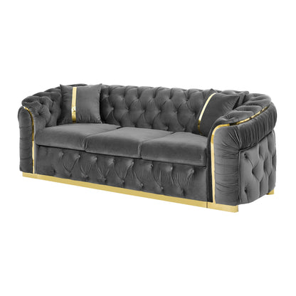 90.6 Velvet 3-Seater Sofa with 2 Pillows High-Density Cushions, Gold Accents, and Pillows