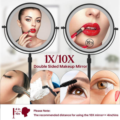 9 LED Lighted Makeup Mirror,Double Sided Magnification Mirror with 1X/10x Magnification,3 Lighting Color