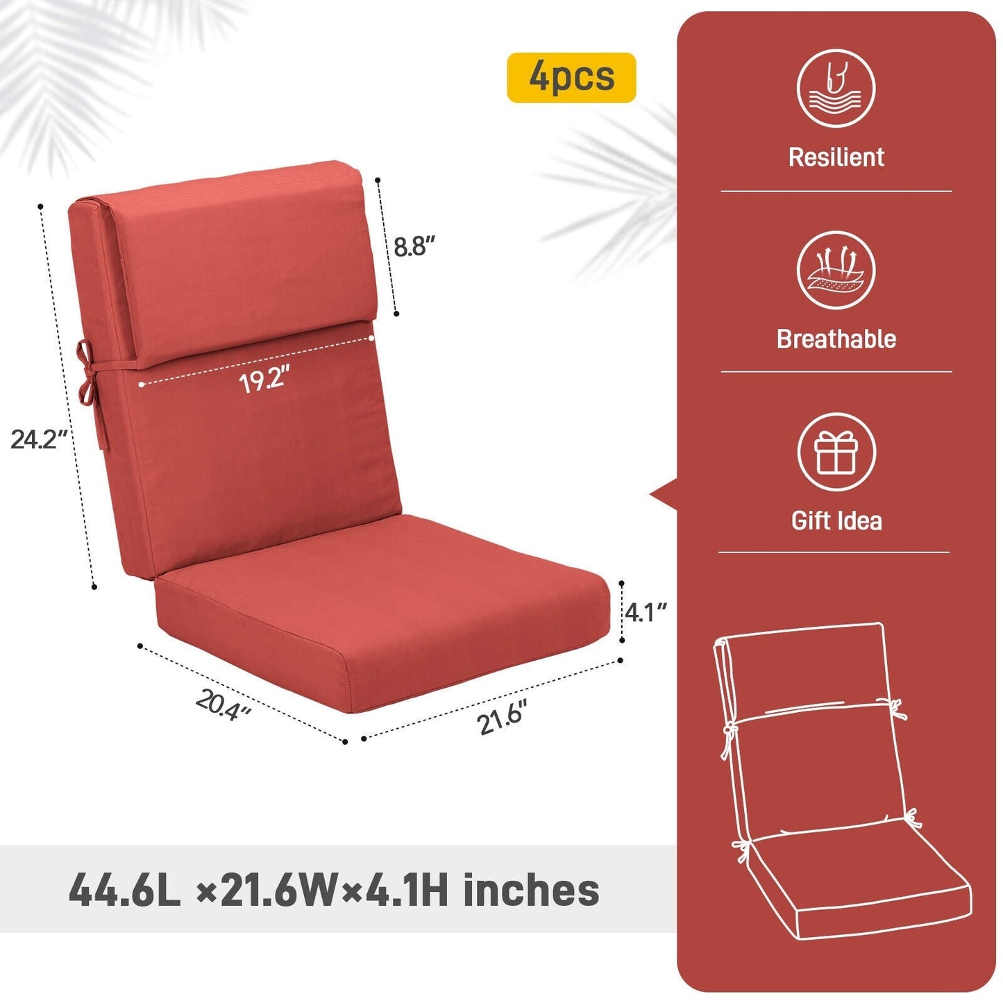 Aoodor Patio High Back Chair Cushions Set of 4, 46x21x4 Inches(Only Cushions)