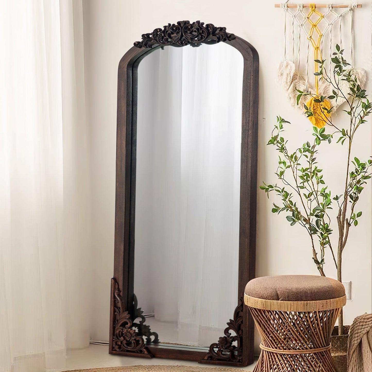 Arched Full-Length Solid Wood Carving Floor Mirror