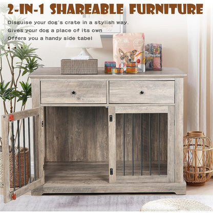 BOSSIN 44 Inch Large Dog Crate Furniture, Wooden Dog Kennel End Table with Storage Drawers, Decorative Pet Crates Dog House