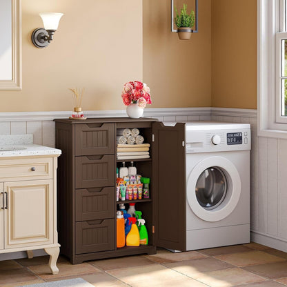 Bathroom Floor Storage Cabinet, Free-Standing Floor Storage Cabinet with 4 Draws and Adjustable Shelf