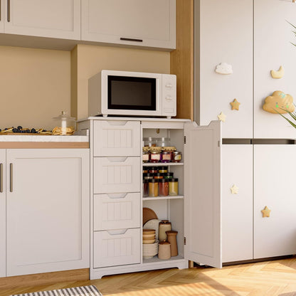 Bathroom Floor Storage Cabinet, Free-Standing Floor Storage Cabinet with 4 Draws and Adjustable Shelf