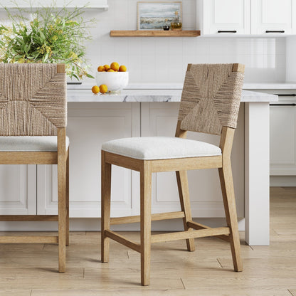 Beacon Bohemian Boucle Bar Stool, Upholstered Counter Height Chair with Solid Wood Frame and Woven Seagrass Back
