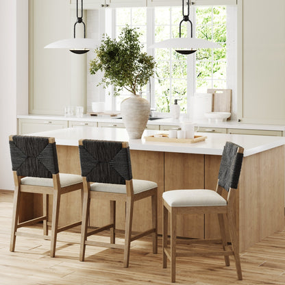 Beacon Bohemian Boucle Bar Stool, Upholstered Counter Height Chair with Solid Wood Frame and Woven Seagrass Back