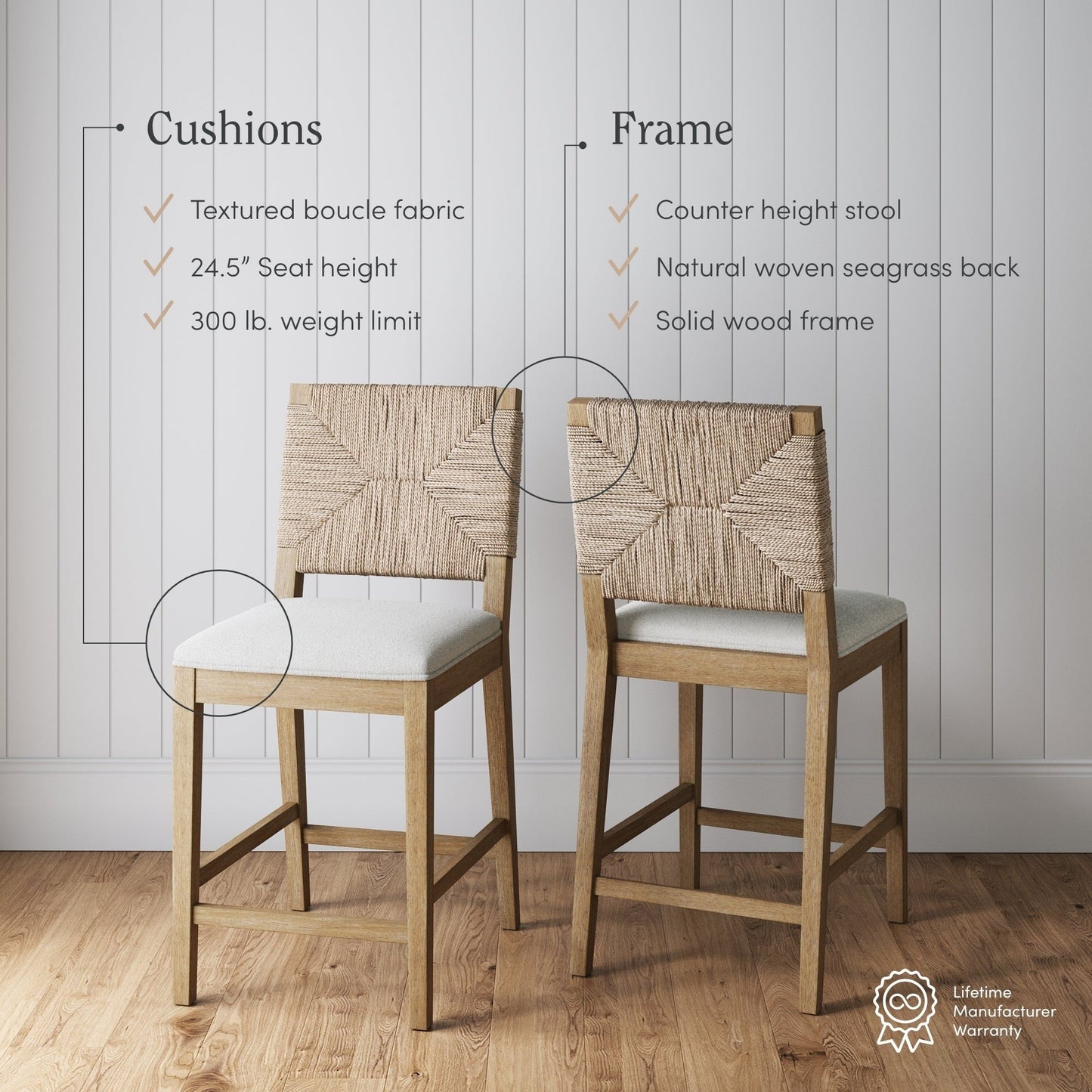 Beacon Bohemian Boucle Bar Stool, Upholstered Counter Height Chair with Solid Wood Frame and Woven Seagrass Back