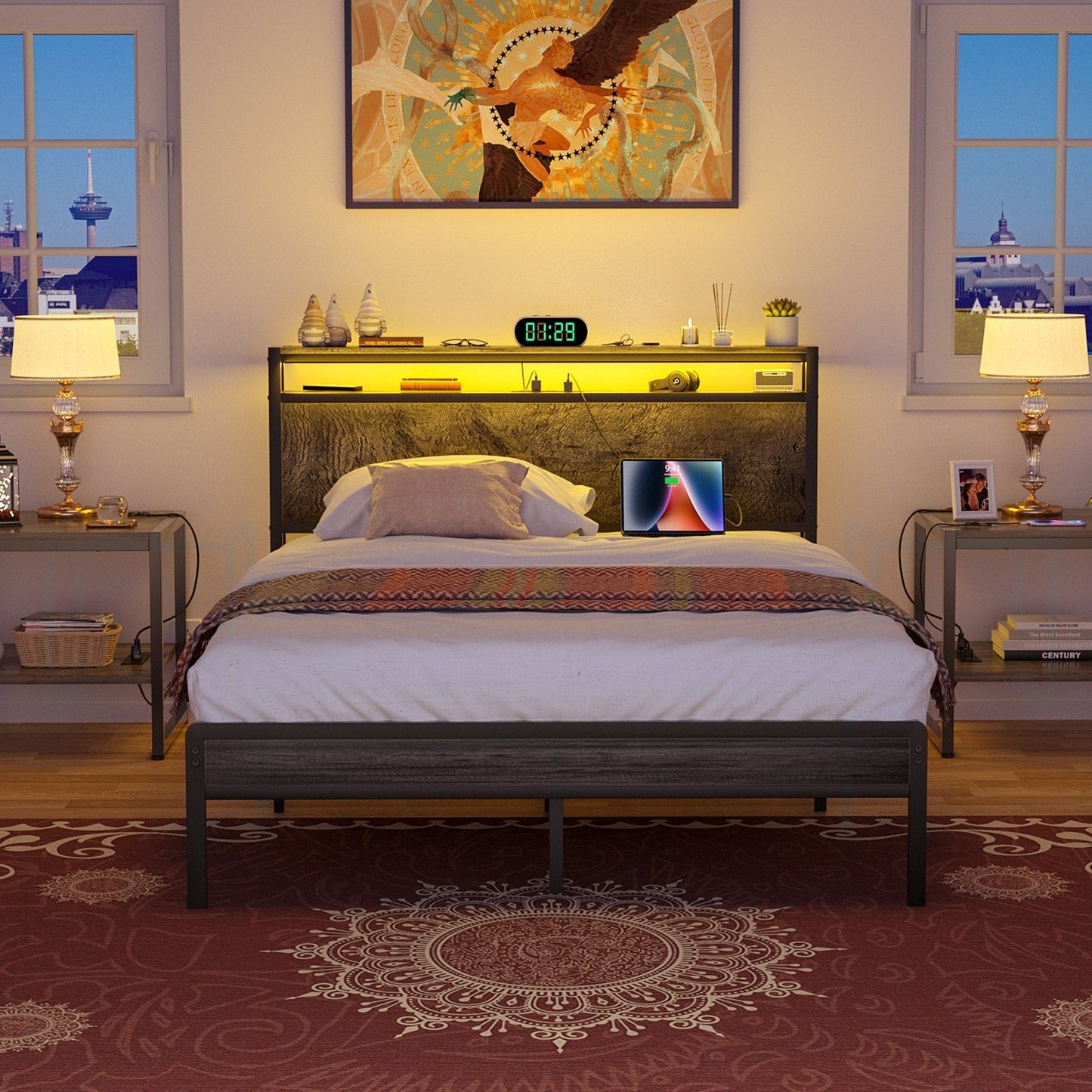 Farmhouse Wood Platform Bed Frame with Charged Station and LED Lights