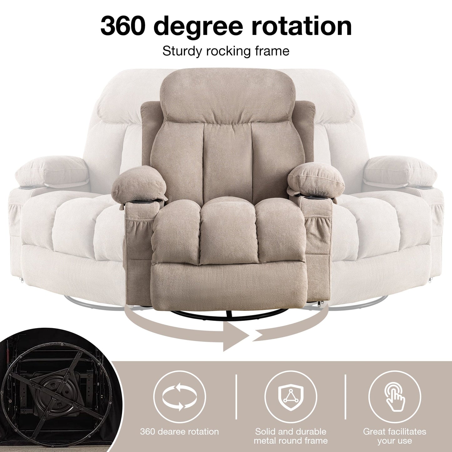Beige Swivel Recliner with Massage, Heat & USB Charging