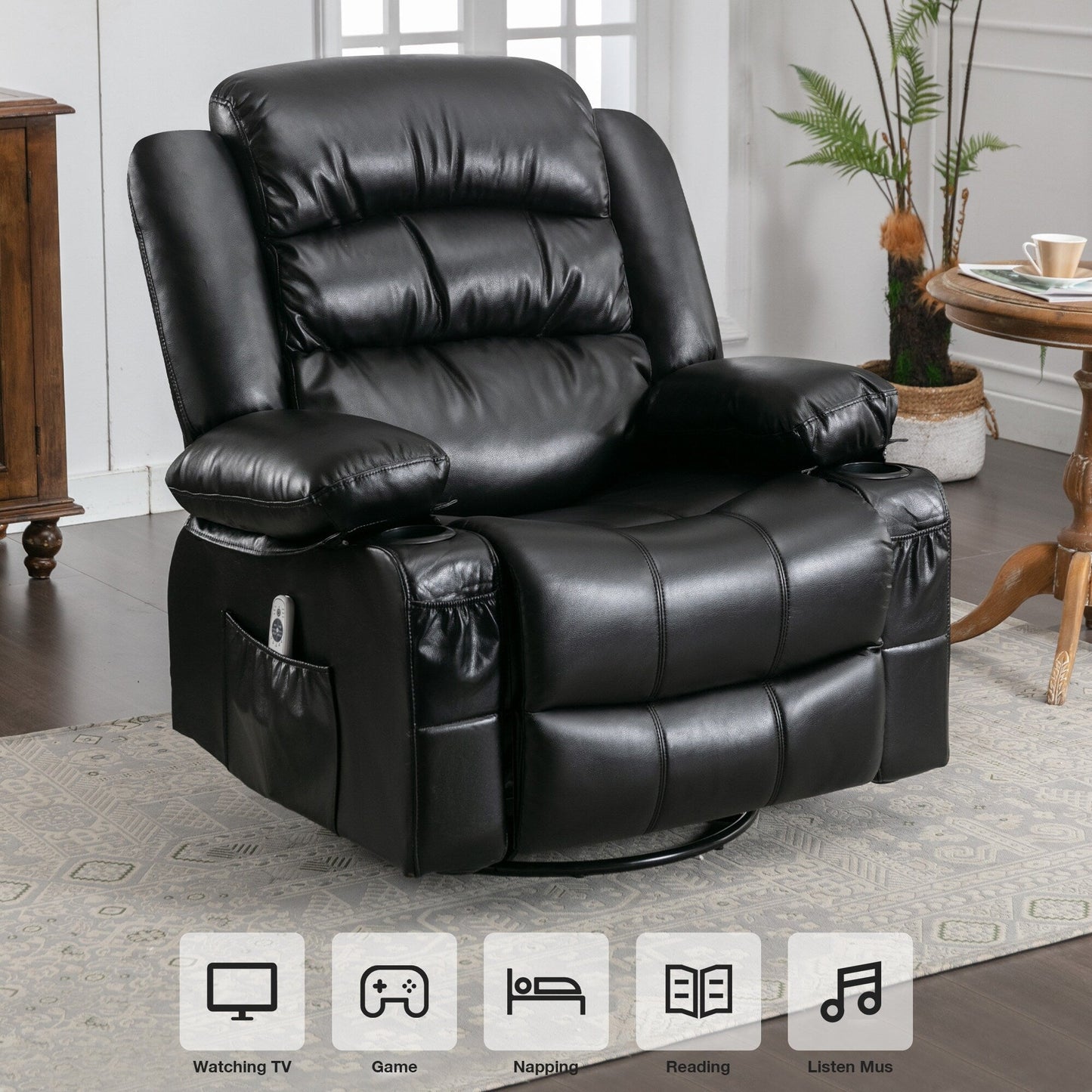 Black Swivel Rocker Recliner with Heat, Massage & USB Ports